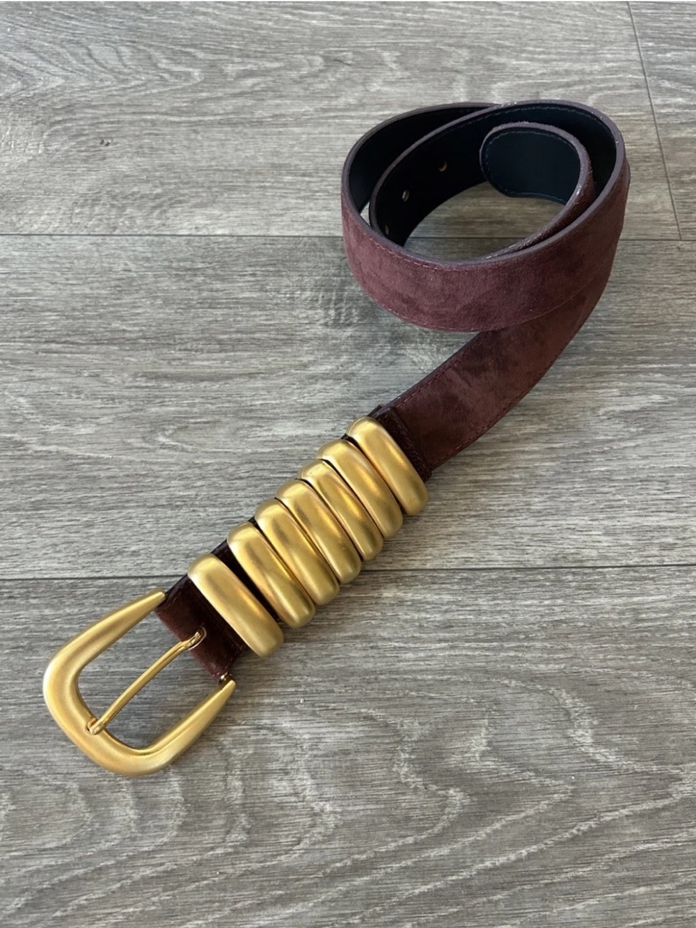 Vintage USA Burgundy Suede Leather Belt Gold Buckle Wide Large 42”
